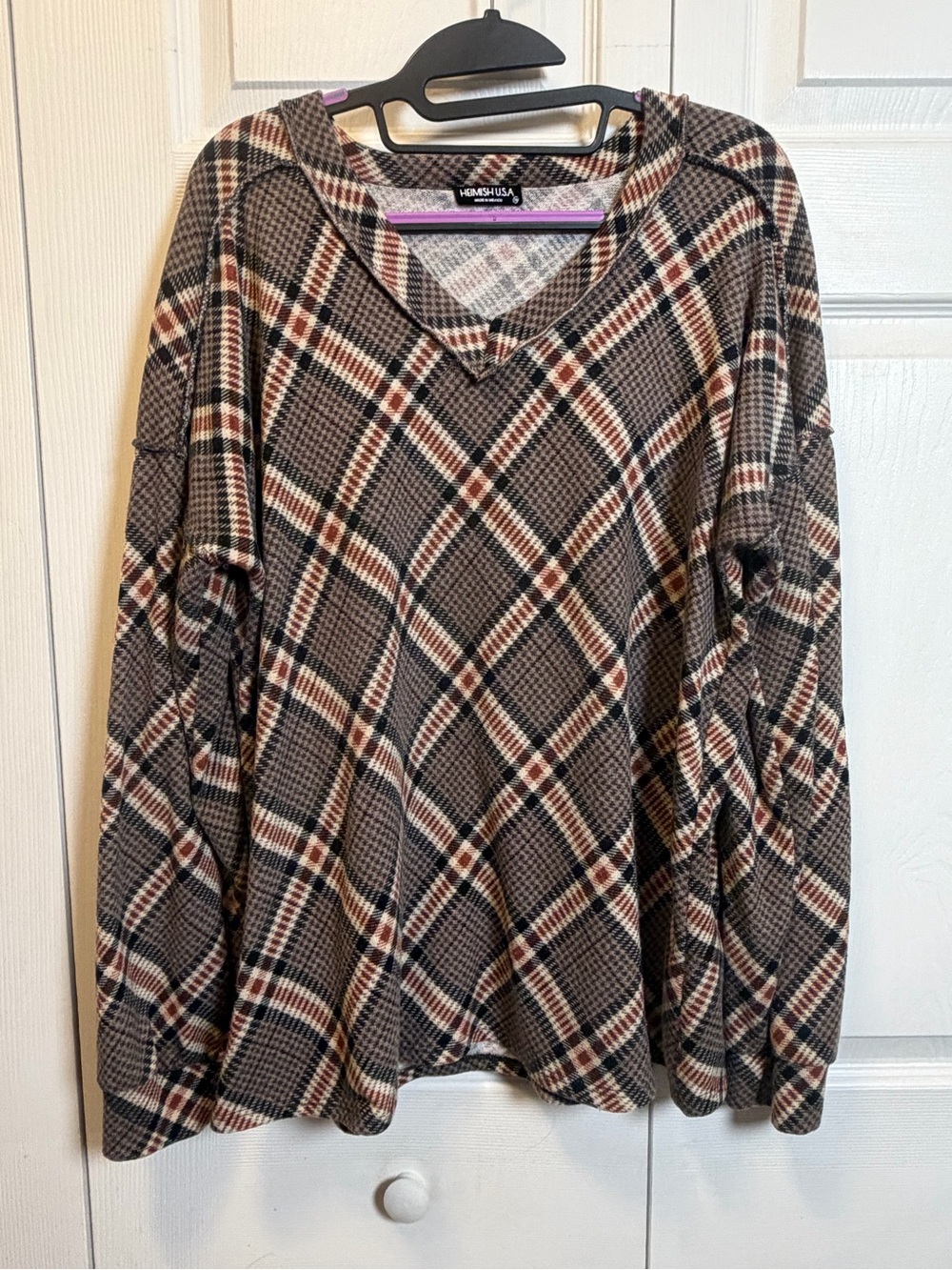 Heimish USA Plaid V Neck Long Sleeve Top 1X Brown Oversized Soft Knit